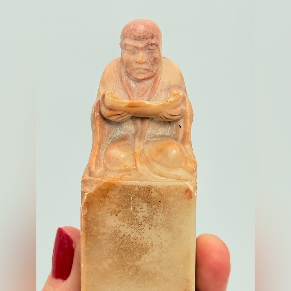 Vintage Chinese Soapstone Seal Stamp | Carved Monk Figure | Qing Style